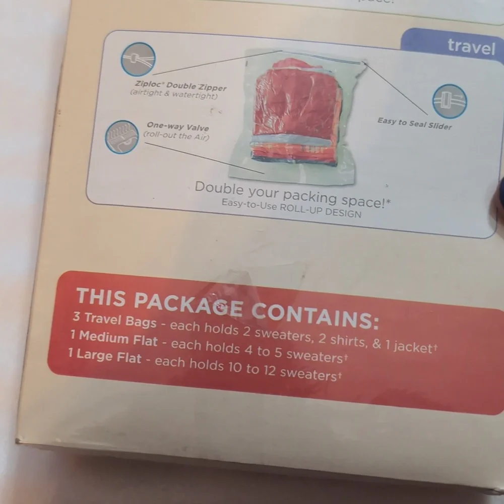 Sealed Ziploc Space Bags 5 Count Variety Pack 3 Travel 1 Large & Medium Flat